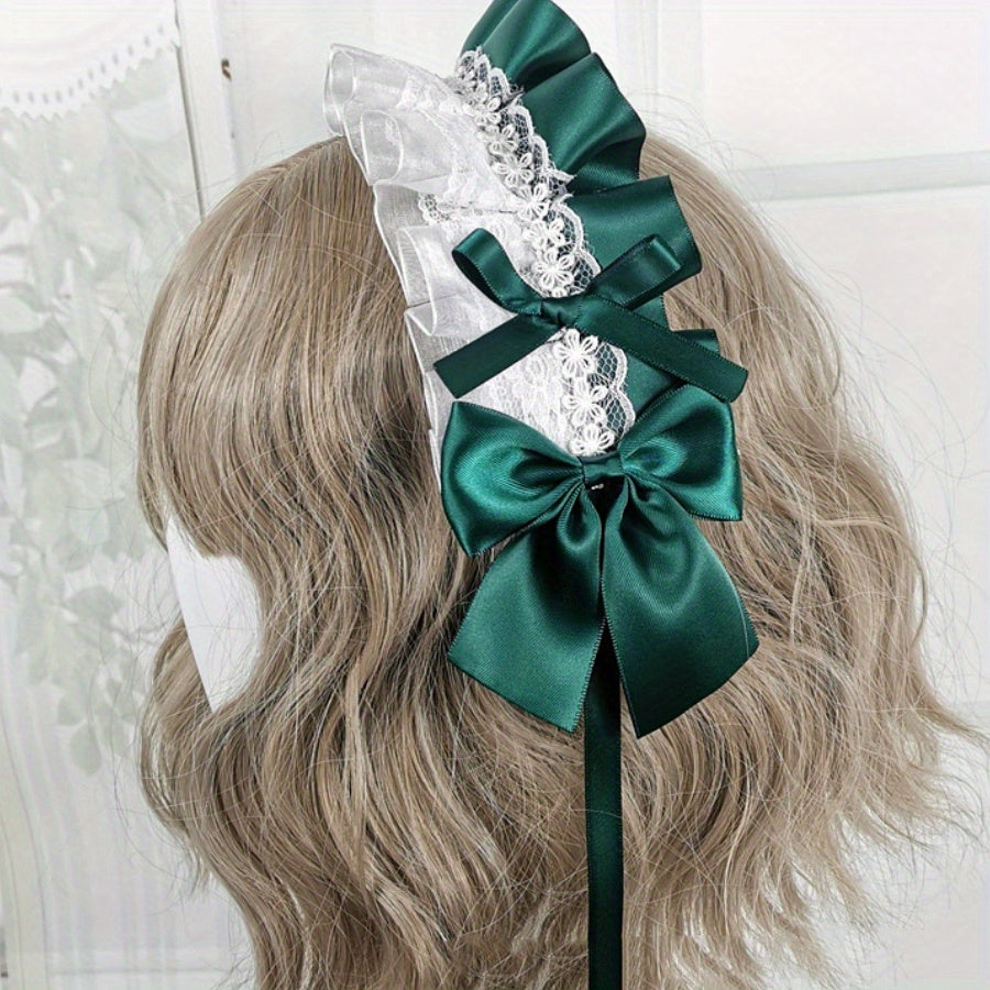 Ruffled Lace Ribbon Bow Headband with Hairpins in Contrasting Colors - Anime Maid Inspired Hair Accessory