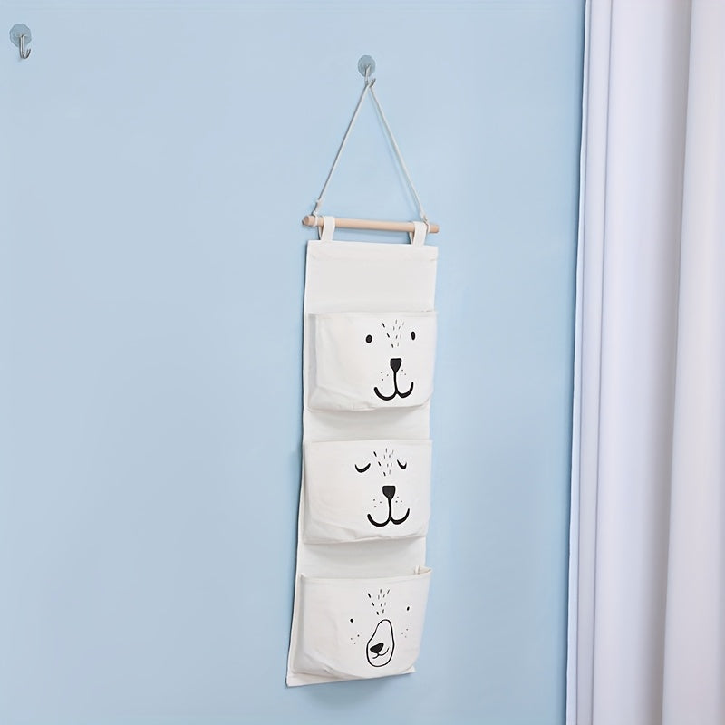 Adorable cartoon bear wall hanging storage organizer with plastic over-the-door pockets for bedroom, bathroom, and kitchen accessories.