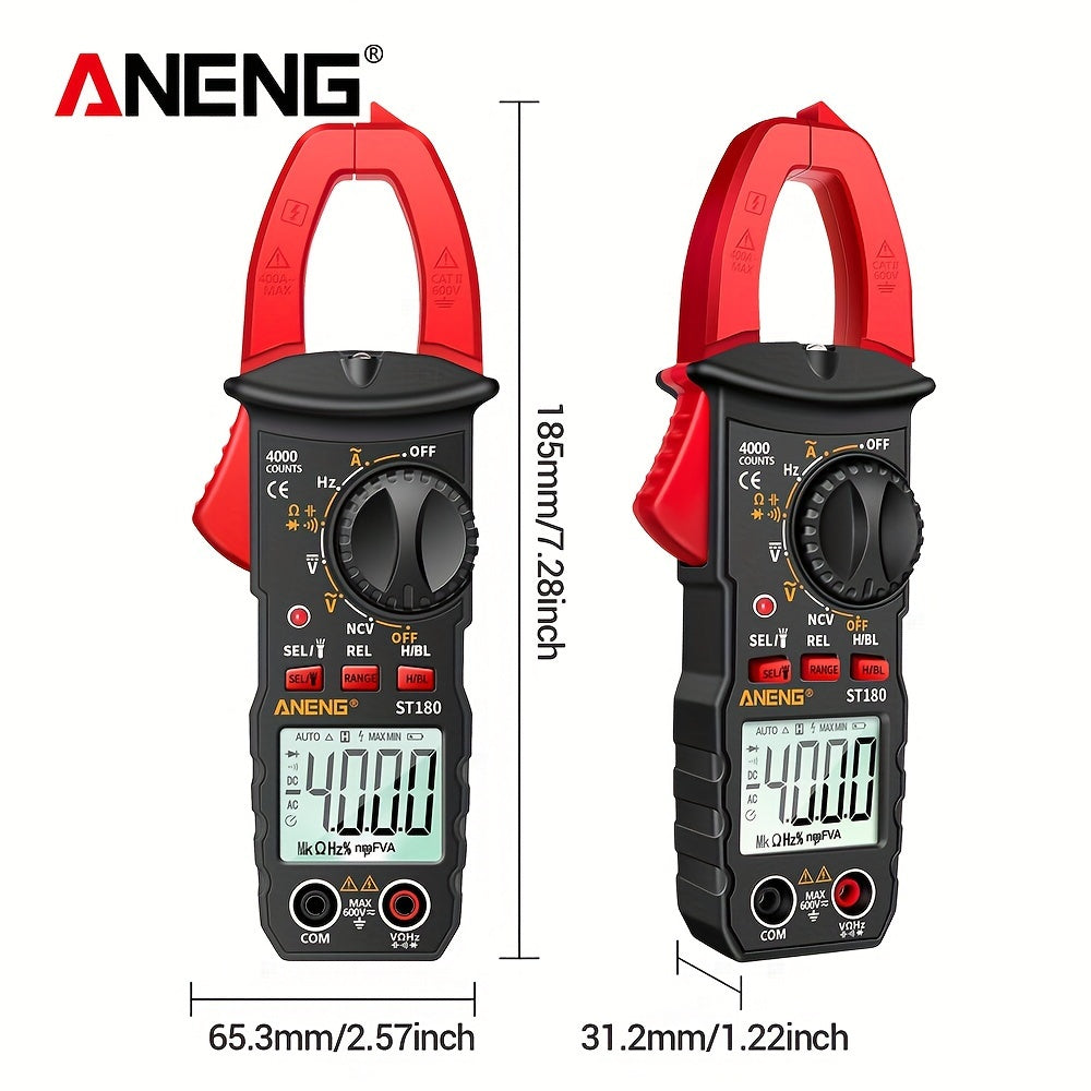 ANENG ST180 is a 4000 count digital clamp meter for measuring AC current, voltage, frequency, capacitance, and resistance, as well as testing car amps and non-contact voltage.