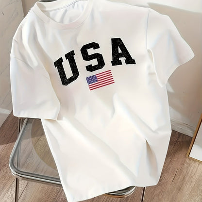 Women's USA flag print t-shirt with round neck and short sleeves. Made of 100% polyester, machine washable and semi-sheer. Suitable for all seasons.