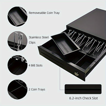 Zinc-plated steel plate cash register metal money box with small bill printer and cash register connection.