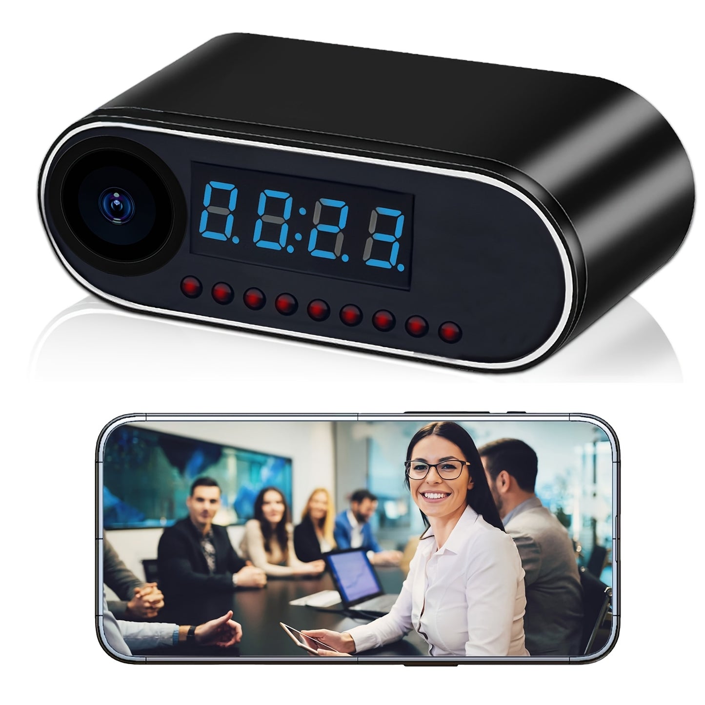 Mini camera clock with HD 1080P WiFi, night vision, wide-angle monitoring, and 64gb memory card for home security.