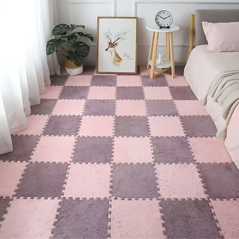 12 pieces of Creative Puzzle Carpet, a Full Town Puzzle Mat featuring Solid Color Square Bedside Rug and Bedroom Foot Rug measuring 29.97 by 29.97 cm.