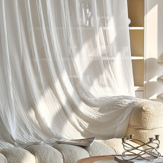 Elegant white sheer curtain with rod pocket, perfect for adding a touch of sophistication to your living room or bedroom décor.