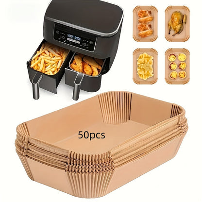 50 Non-Stick Parchment Liners for Dual Air Fryer Trays - Resistant to Oil & Water, Disposable Baking Sheets Perfect for RVs & Kitchens, Air Fryer Paper Liners