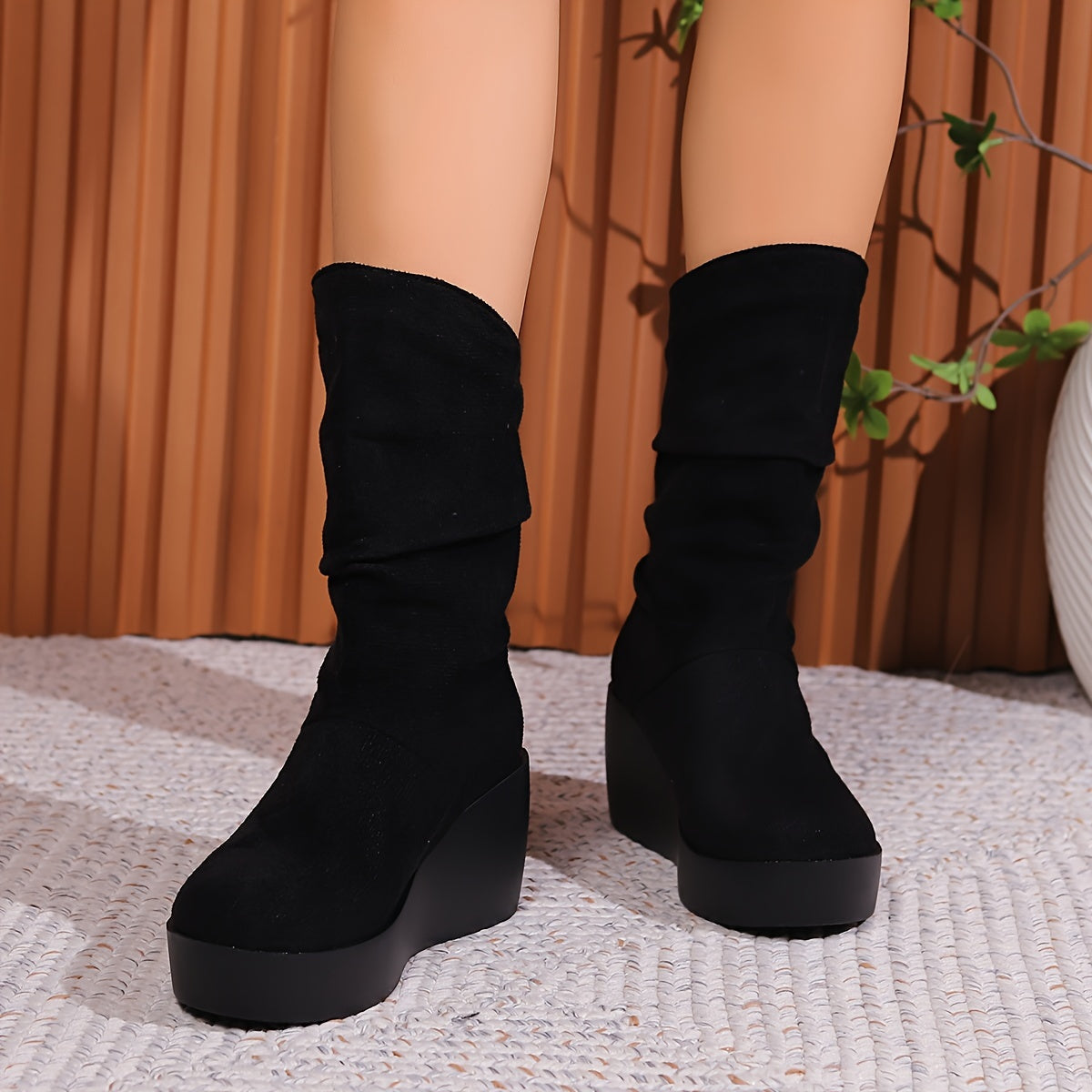 Women's Solid Color Fuzzy Boots with Slip On Platform Sole, Warm Lined Winter Round Toe Wedge Boots.