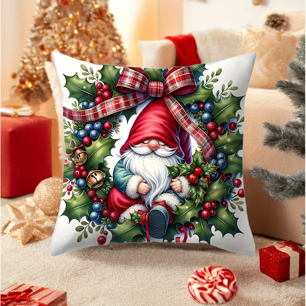 Gnome and Truck Christmas throw pillow cover in contemporary style, zippered polyester case for living room decor.