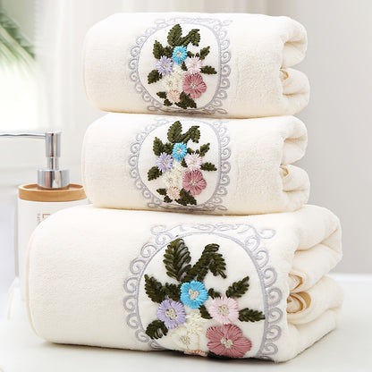 WF gauze flower 2 cents + 1 bath / 3pcs set Coral velvet embroidery towels (2 35*75cm, 1 70*140cm) soft, absorbent, quick-drying bathroom essentials for children and adults, skin-friendly