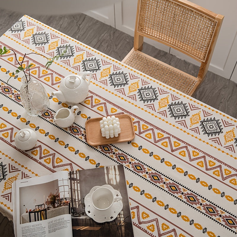 Boho style rectangular tablecloth with tassels - waterproof and oil proof for home decor.