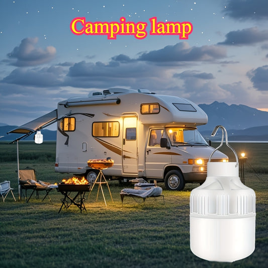 USB rechargeable LED reading light bulb with 3 speed modes and hook design for outdoor use. Made of plastic material with a 500mAh lithium battery. Ideal for bedroom, kitchen, camping, picnic, and power outages. Features button control and can also be