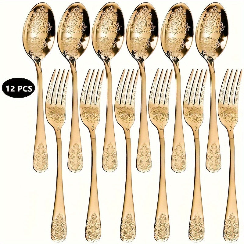 Stainless steel 12-piece cutlery set with embossed design, includes 6 forks and 6 spoons, dishwasher safe for home, kitchen, and restaurant use.