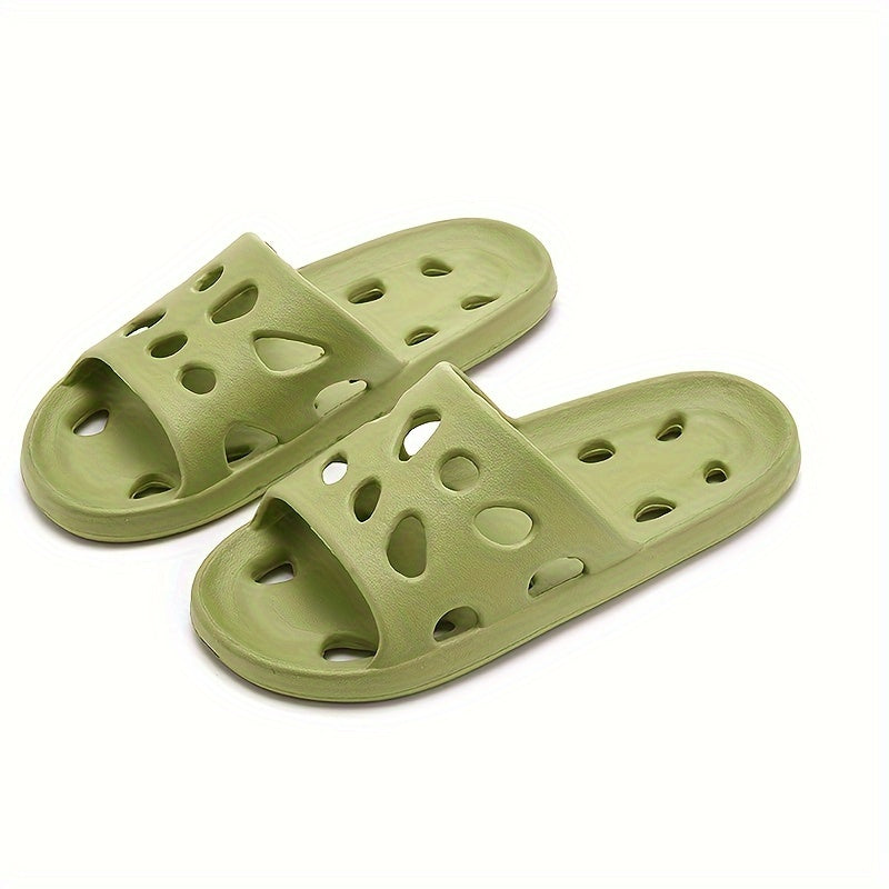 1 Pair of EVA Slippers with Solid Color Hollow-Out Design, Non-Slip Sole, Drainage Holes, and Soft Shower Slides.