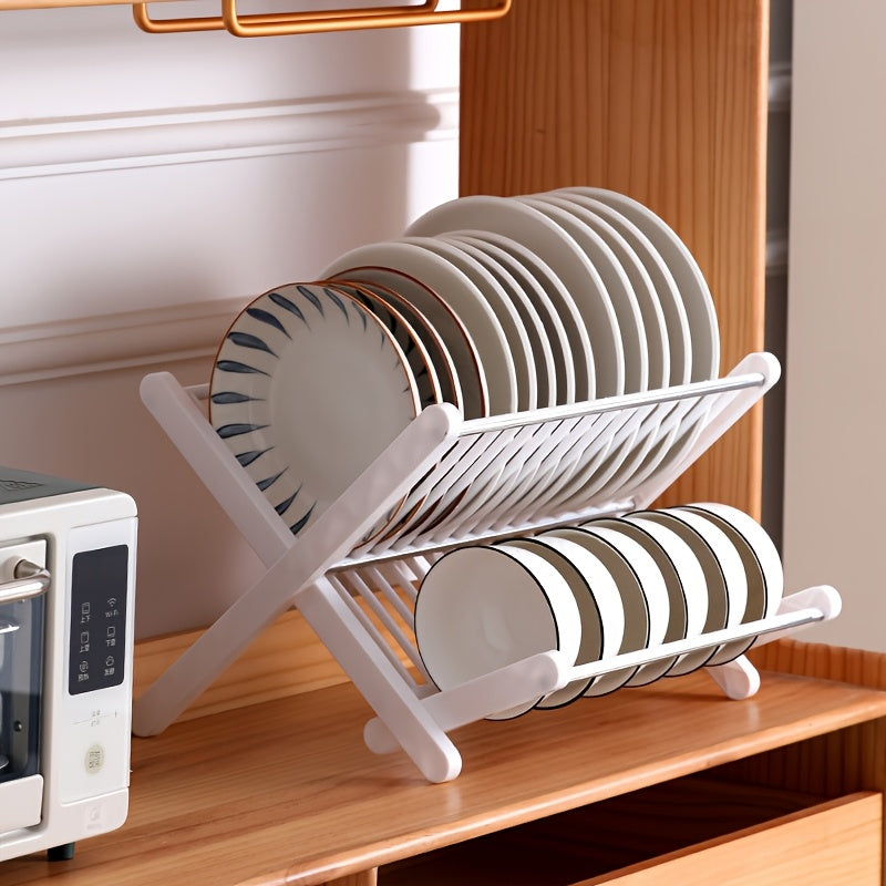 Elegant Black and White Multi-Layer Dish Rack: A Stylish Space-Saving Solution for Your Kitchen Storage Needs. Constructed with Durable Plastic and Metal, Featuring an Open Shelving Design. No Assembly Required for this Classic Dish Rack that Doubles as