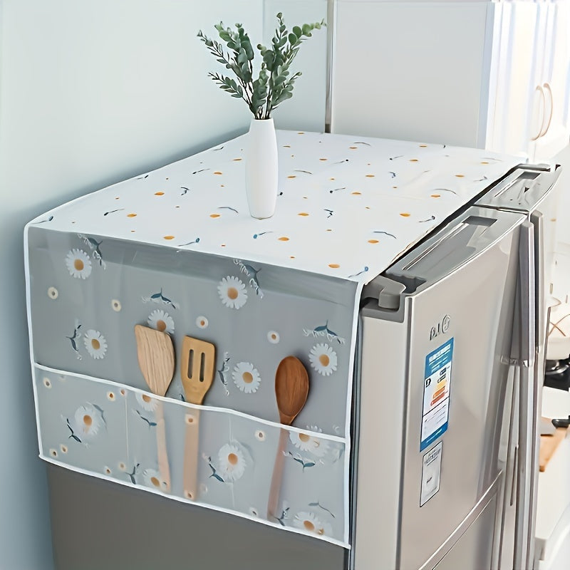 Daisy Pattern Refrigerator Cover - Waterproof & Dustproof, with Storage Pocket - Made of Food-Safe Plastic, suitable for Single & Double Door Fridges and Washing Machines - Includes Protective Cloth Box & Towels