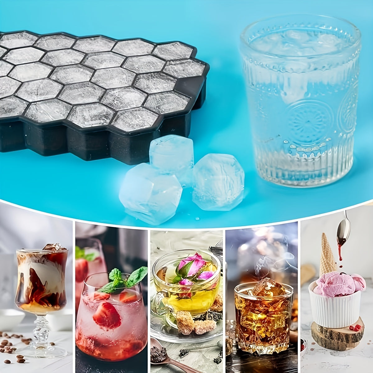 Silicone Ice Cube Tray with Lid - 37 Hexagonal Cubes, Stackable Design, Easy to Release, Ideal for Whiskey and Cocktails, Great for Holiday Parties like Halloween and Christmas