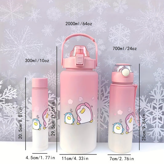 Cartoon cute sports water bottles in multiple sizes, ideal for gifts and use in various settings such as office, school, gym, and outdoor activities.