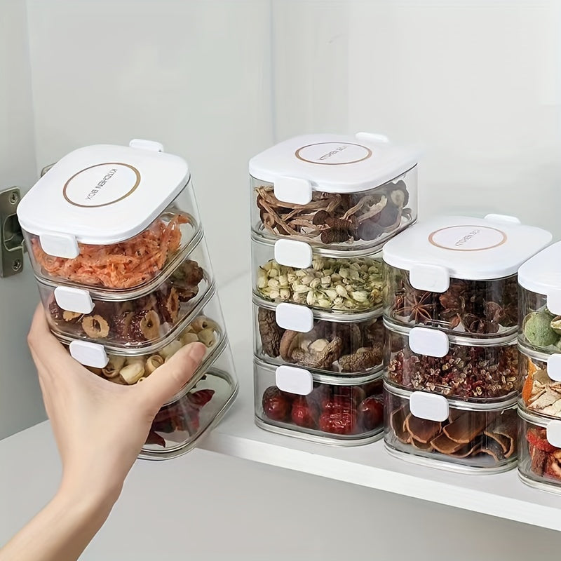 Set of stackable airtight containers with lids made of PET material, BPA-free and safe for storing food. Organize your kitchen with these removable seasoning boxes for spices, herbs, and condiments. Versatile containers for multiple uses.