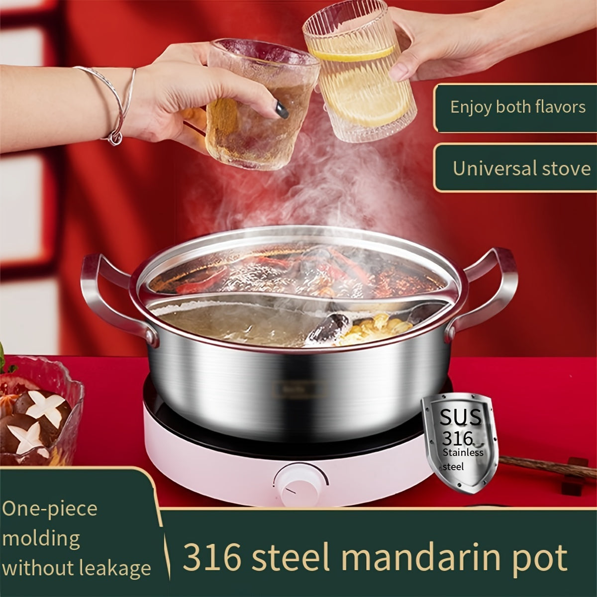 Mandarin Hot Pot with Two Flavors, Made from SUS 316 Antibacterial Stainless Steel, Features Thickened Seamless Construction, Unique Non-Tainting Soup Separation System, Suitable for Gas and Induction Stovetops.