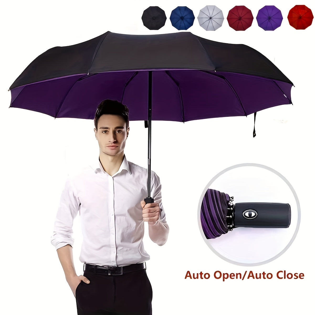 Stylish automatic umbrella with 10 ribs, windproof and UV protected, ideal for both sunny and rainy weather.