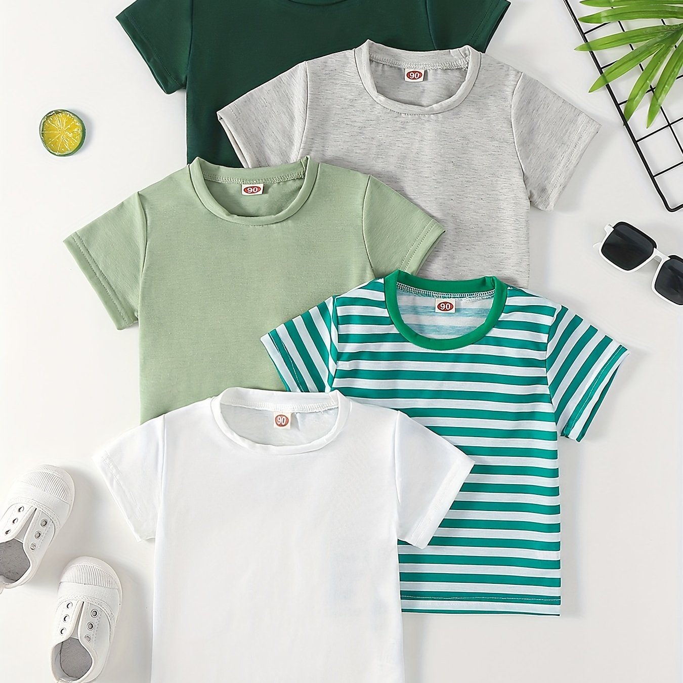 5 Men's Short Sleeve Summer T-Shirts in Striped and Solid Colors, Polyester Blend, Round Neck - Ideal for Running and Casual Wear