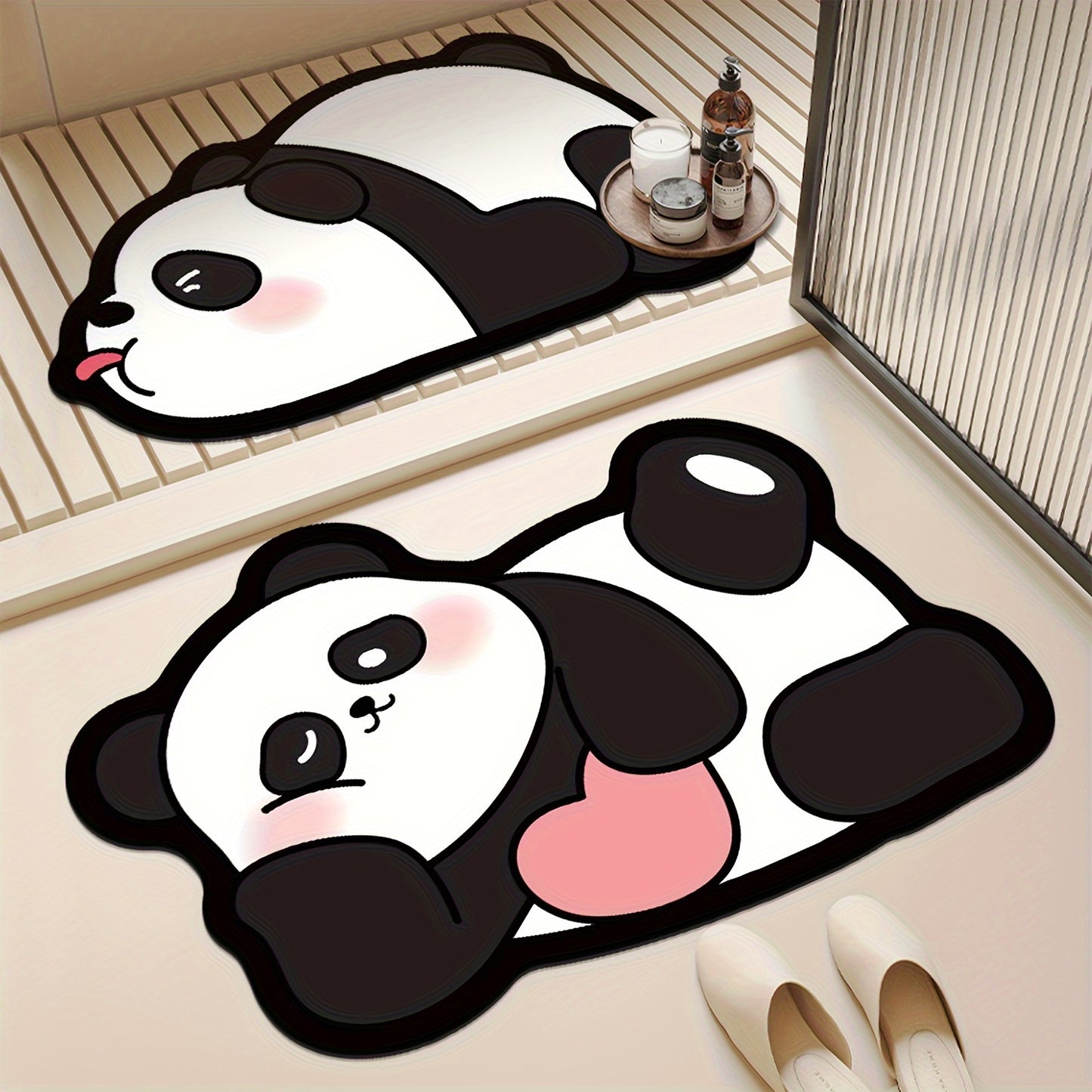 Super absorbent bath mat with cute panda print, non-slip and quick-drying, ideal for bathroom or outdoor use.