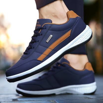 Men's road running shoes in navy blue with orange accents, lace-up style, featuring fabric lining, PU upper, EVA insole, and MD sole for durability and comfort, suitable for casual attire.