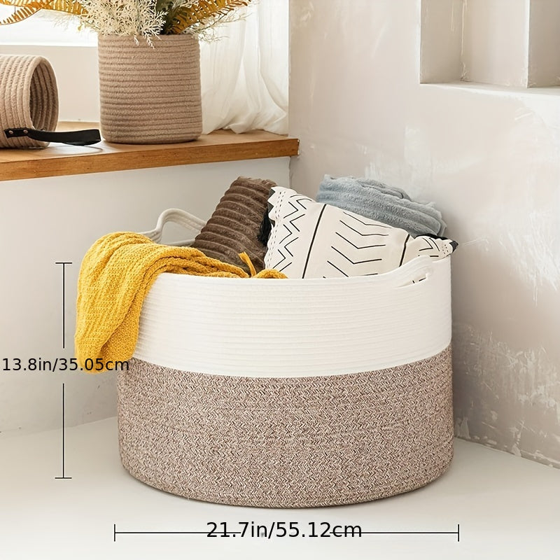 Spacious Bohemian Style Rope Basket - 55.12cm x 55.12cm x 35.05cm - Handwoven Basket with Handles for Laundry, Toys, Blankets | Multi-Purpose Round Hamper for Home Decor & Organization, Laundry Storage, Laundry Bins