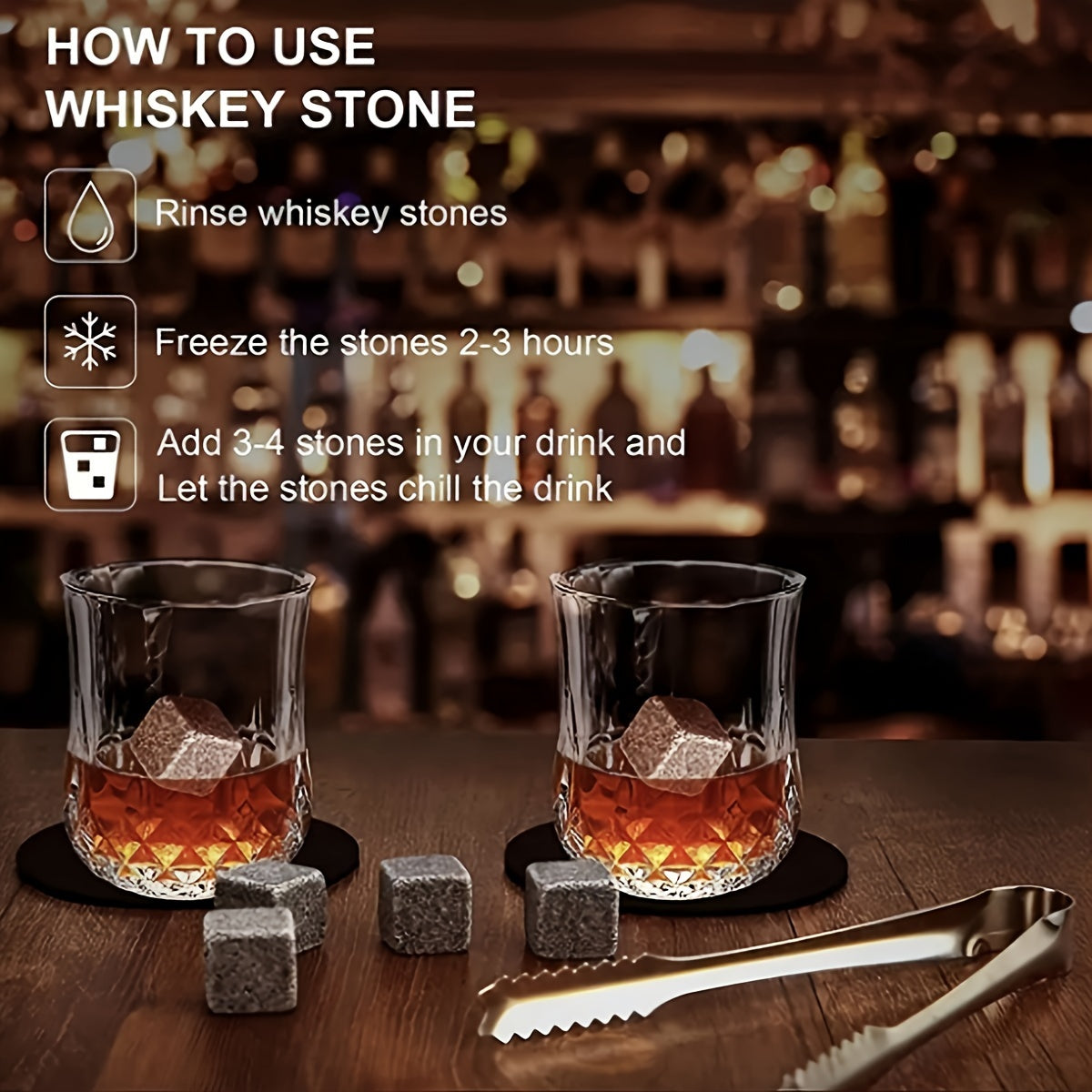 Engraved Glasses Whiskey Stones Gift Set - Includes Reusable Granite Ice Cubes, Wooden Storage Box, Drawstring Bag - Perfect for Father's Day, Anniversaries, Birthdays and Whiskey Lovers