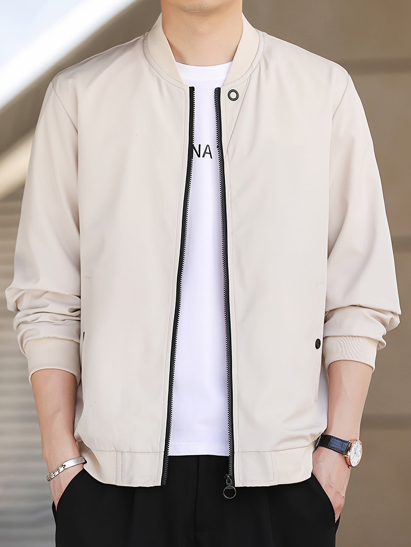 Solid Band Collar Zip-up Jacket for Men, perfect for Spring and Fall.