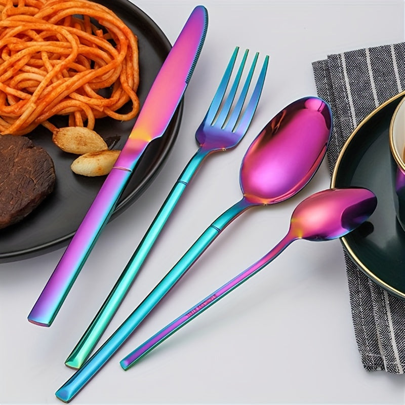 24-piece stainless steel knife, fork, and spoon set, including steak knives. Safe for dishwasher. Ideal for home kitchen.