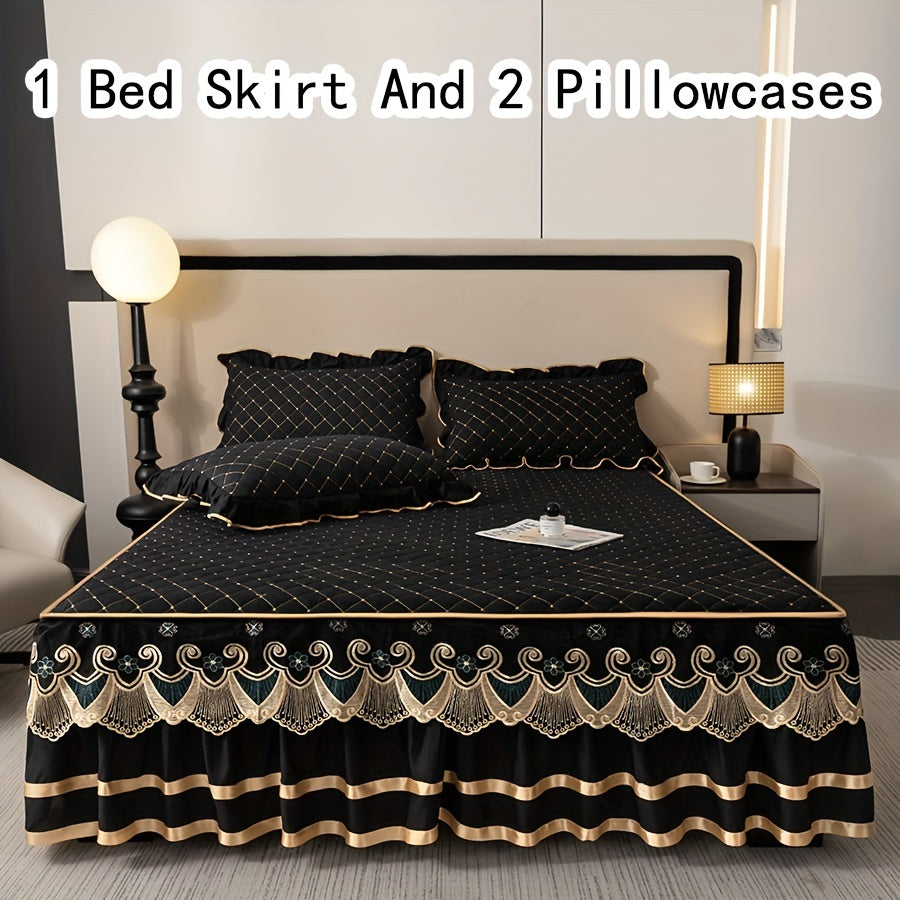 Vintage Style Black Bed Skirt and Pillowcases Set - 3 Piece with Embroidered Lace Trim, Thickened Quilted Bedding, Machine Washable, All-Season Comfort for Home and Hotel Use