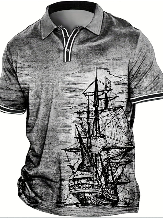 Men's Vintage Casual 3D Sailboat Print Graphic Shirt for Summer, Plus Size