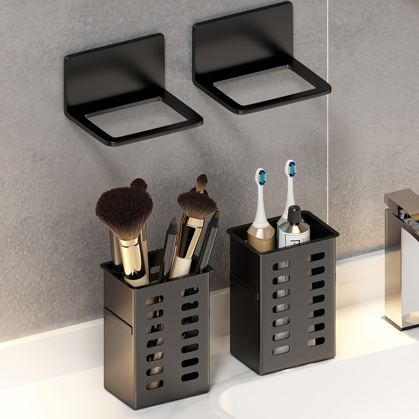 Sleek black wall-mounted toothbrush holder with compartments for toothbrushes, toothpaste, and beauty supplies; no drilling needed.