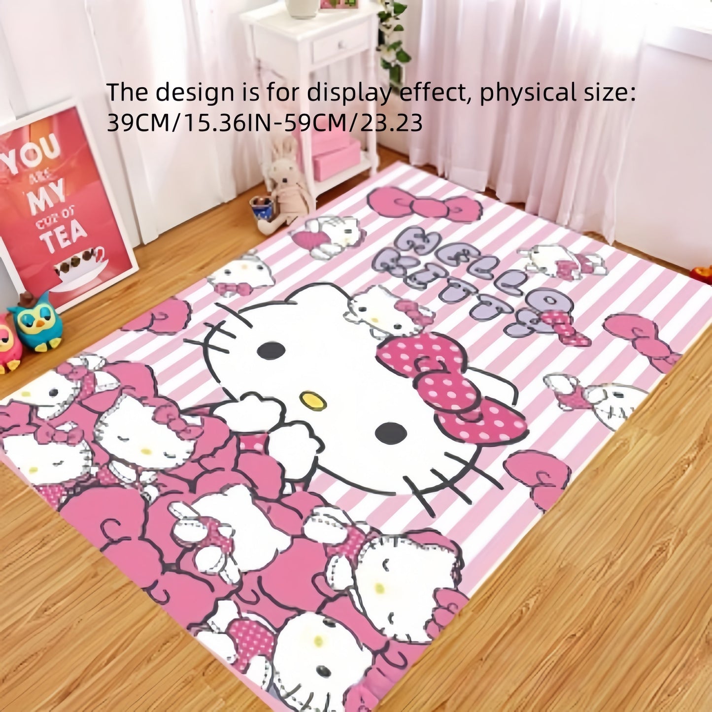 Soft and magical Sanrio Hello Kitty plush rug made of non-slip polyester, perfect for bedroom and living room decor. Hand wash recommended.