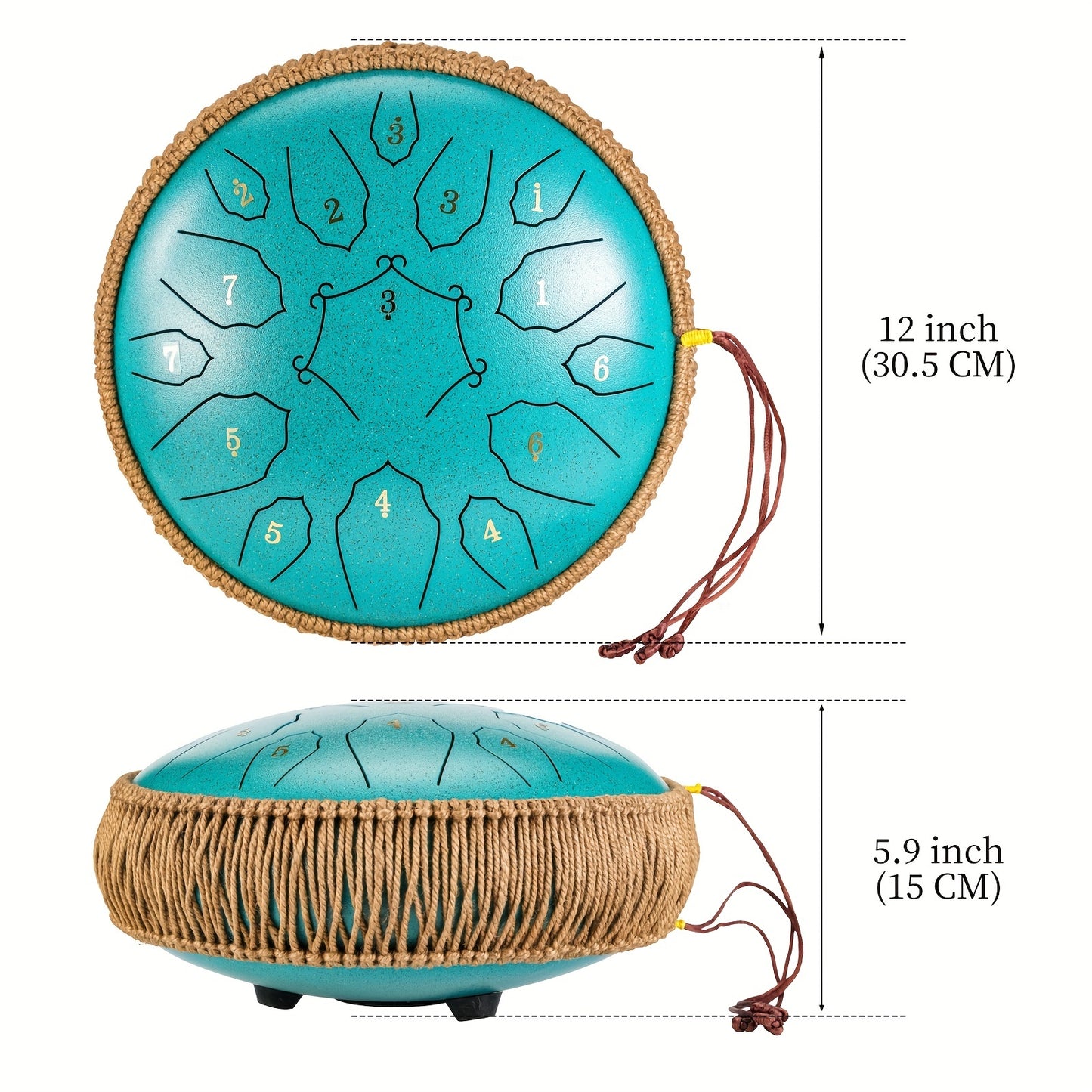 30.48cm D-Key steel tongue drum with 15 notes, carry bag, and accessories for yoga, meditation, concerts, and relaxation.