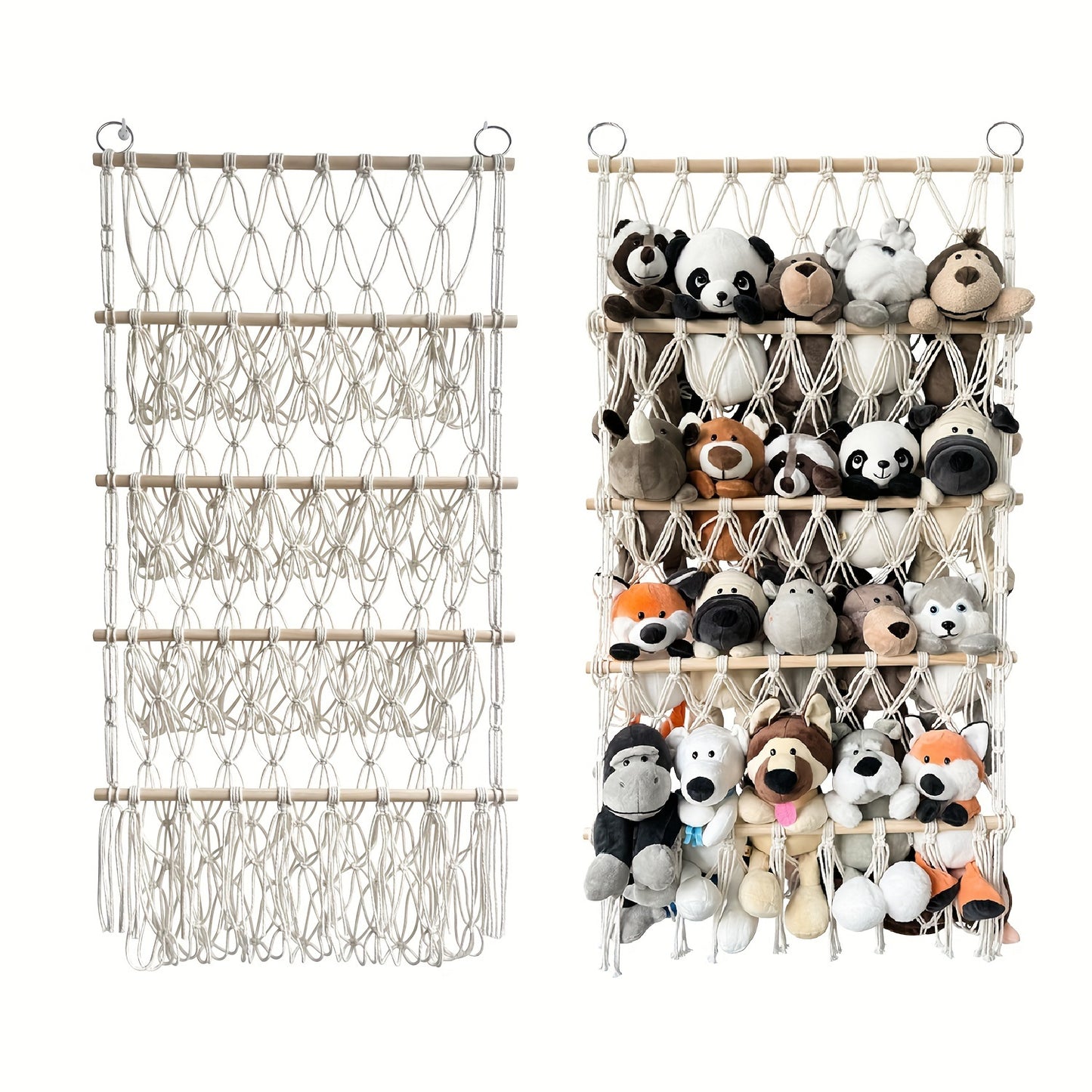 Plush animal storage solutions: net, rack, and hammock for hanging and organizing plush animals.