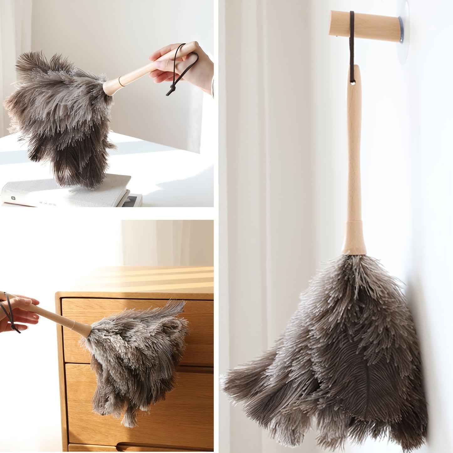 Natural feather duster with a fluffy 40.64 cm head and a wooden handle for cleaning homes, offices, and cars. Perfect cleaning supply.