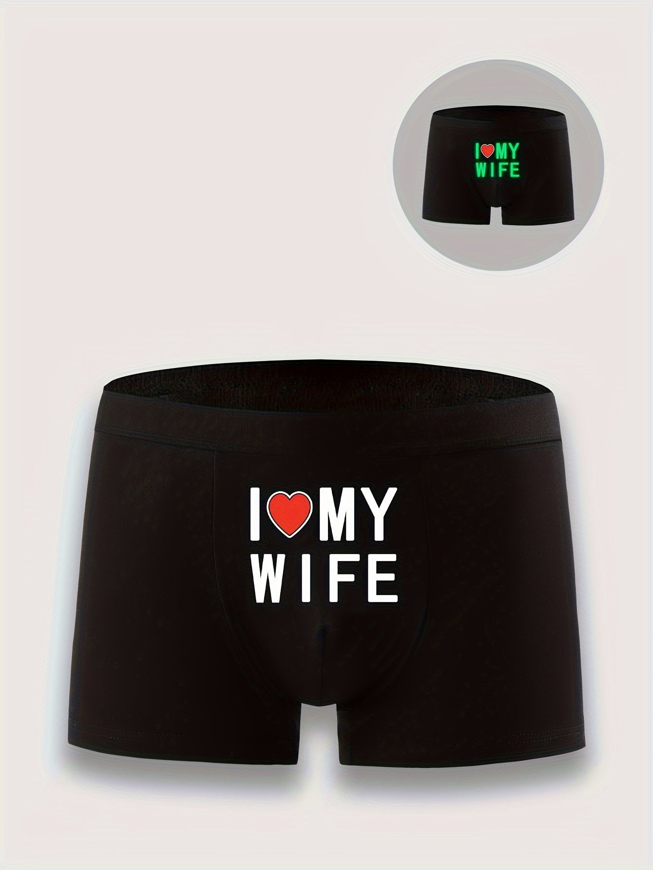 Men's 'I Love My Wife' glow-in-the-dark boxing shorts in a single pack. Soft, durable, and skin-friendly novelty underwear made from knitted fabric, perfect as a stylish and romantic