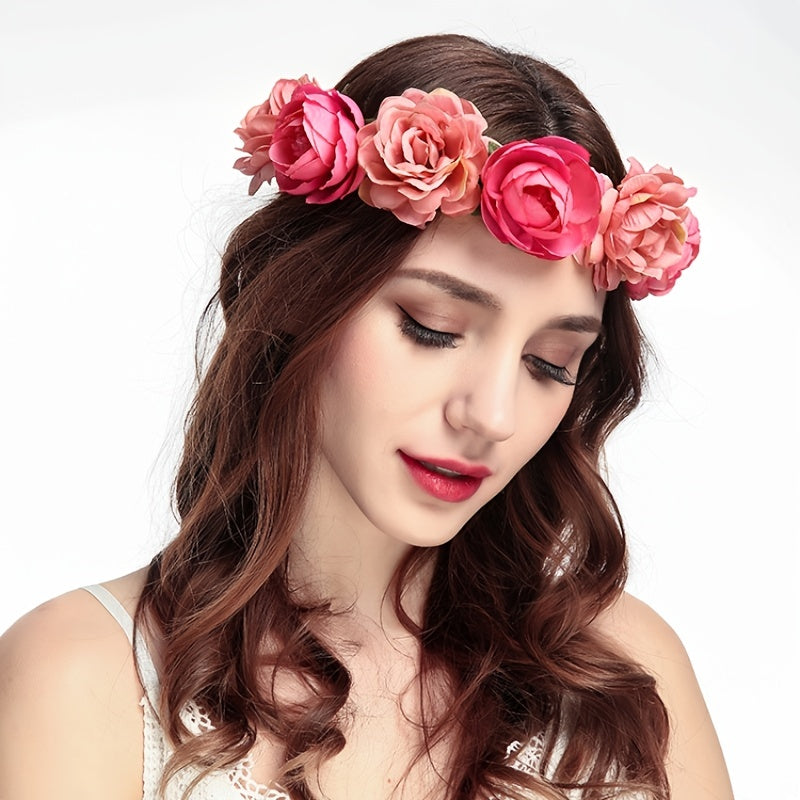 Rose Hairpin Holiday Wreath Hair Band with Simulation Flowers, Headpiece Flower Crown Headband, Floral Wedding Bridal Hair Hoop