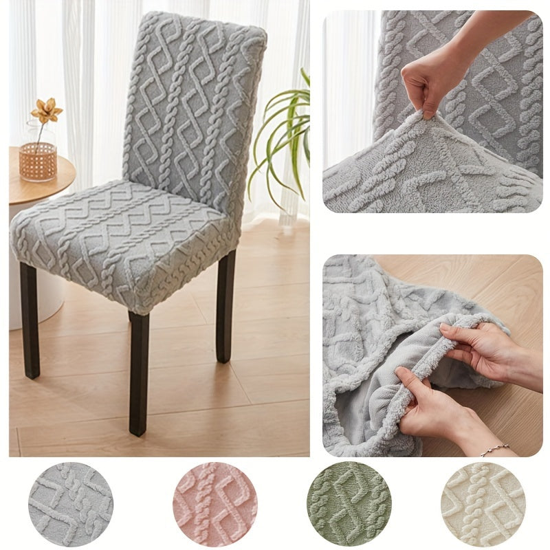 Elastic chair cover with double-sided jacquard design for home decor.