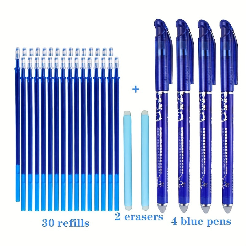 Set of 36 erasable gel pens (0.5mm, blue) with replaceable cores and needle tube tips for the office or students.