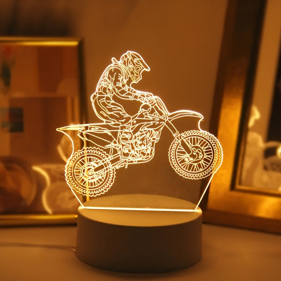 Geometric sports-themed LED night light for motocross enthusiasts with energy-efficient USB power supply for multiple settings.