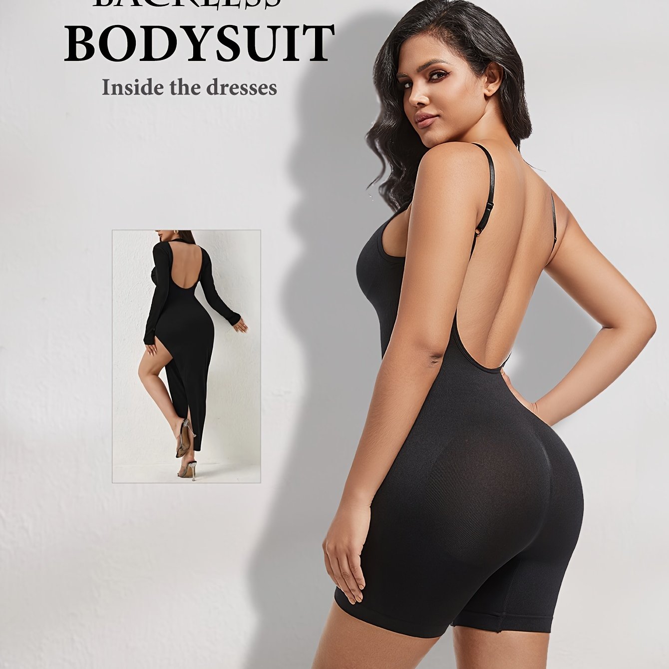 Katta o'lchamdagi jigarrang-to'q sariq rangdagi shapewear bodysuit, yuqori qo'llab-quvvatlash, qorin nazorati va belni ingichkalashtirish xususiyatlariga ega. Ochiq orqa dizayni bilan cho'ziluvchan nylon/elastan aralashmasidan tayyorlangan. Qo'l bilan