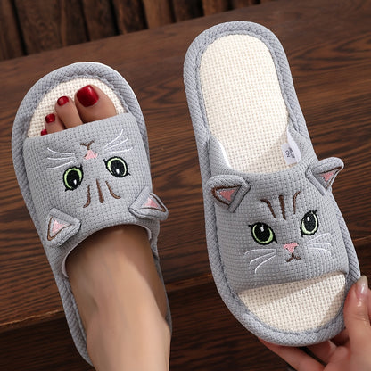 Cartoon home slippers with soft linen sole, lightweight and breathable.