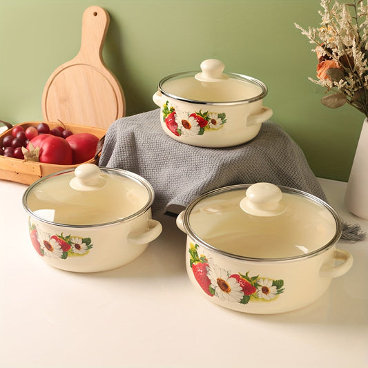 Three-piece multifunctional enamel set including a pot, boiling pot, and soup pot. This versatile set is perfect for use in restaurants, home kitchens, outdoor cooking, and on gas or electric stoves.