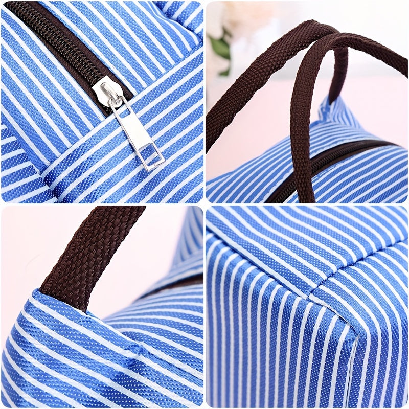 Trendy Insulated Lunch Tote with Striped Design - Made from Sturdy Oxford Cloth, Features Easy-to-Clean Aluminum Foil Lining, Large and Light for Work, Picnics, and Camping