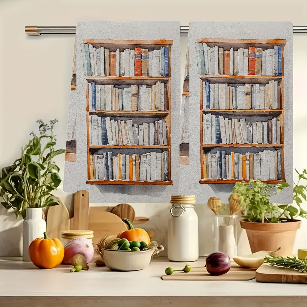 Two pieces of ultra soft kitchen towels featuring a minimalist bookshelf design. These highly absorbent and machine washable dish hand towels are perfect for contemporary coastal decor. Each towel measures 40.64x60.96 cm.