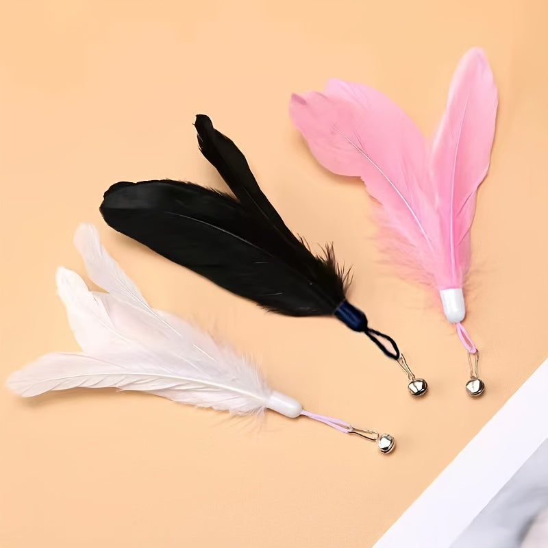 Feather cat teaser stick toy with bell, suction cup for interactive play.