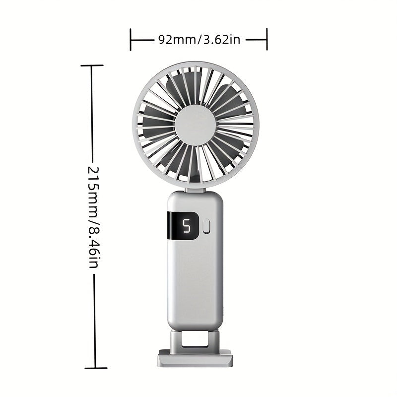 Stay cool wherever you go with our Portable Handheld Fan featuring an LED Display. This USB Rechargeable fan offers 5-speed settings and a foldable design, perfect for use in the office, outdoor adventures, travel, and back to school. An essential gadget