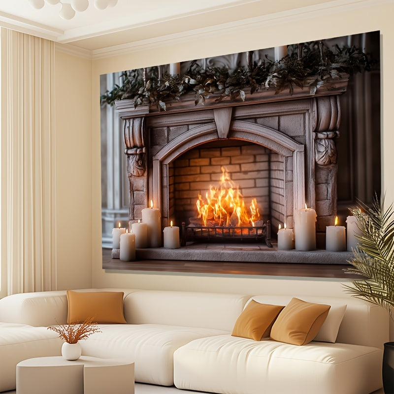 An authentic and inviting fireplace, complete with a backdrop of crackling firewood, perfect for enhancing living spaces, bedrooms, offices, party settings, and as a one-of-a-kind gift option.